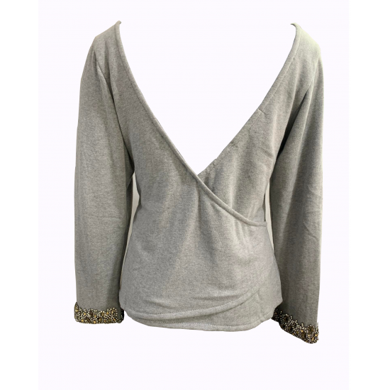 Grey V-Neck Hand Embroidered Pullover (Sweater) For Women, Warm & Comfy, Size - L
