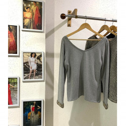 Grey V-Neck Hand Embroidered Pullover (Sweater) For Women, Warm & Comfy, Size - L