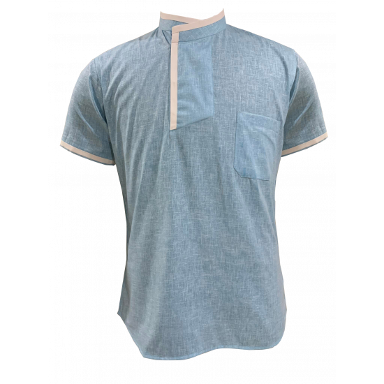 Casual Style Blue Linen Short Kurta For Men
