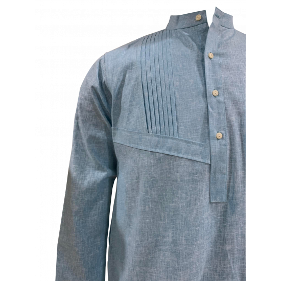 Contemporary Style Blue Linen Long Kurta With Full Sleeves For Men 