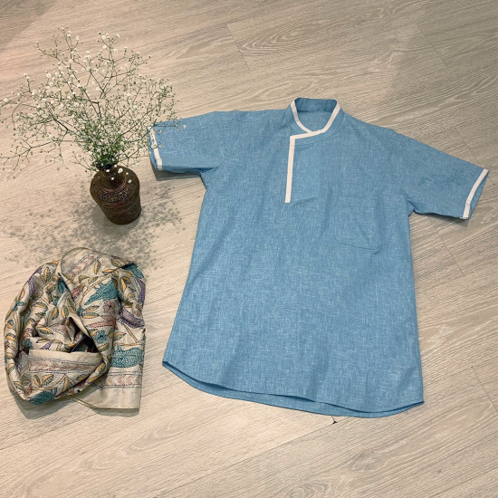 Casual Style Blue Linen Short Kurta For Men