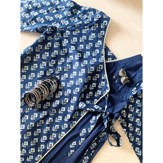 Blue V-Neck Medium Length Cotton Kurti For Women