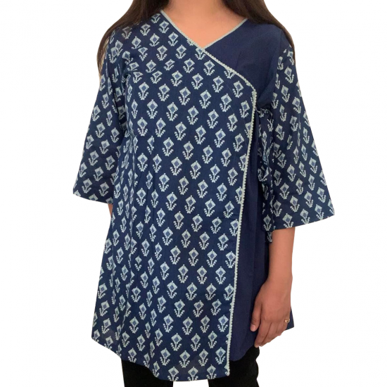 Blue V-Neck Medium Length Cotton Kurti For Women