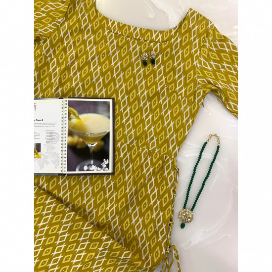 Yellow Summery Fabric Printed Cotton Kurti For Women