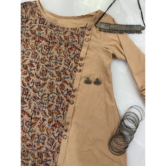 Brown Beige Printed Medium Length Cotton Kurti For Women