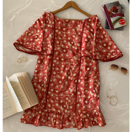 Red & Cream Printed Polyester Short Summer Dress For Women 