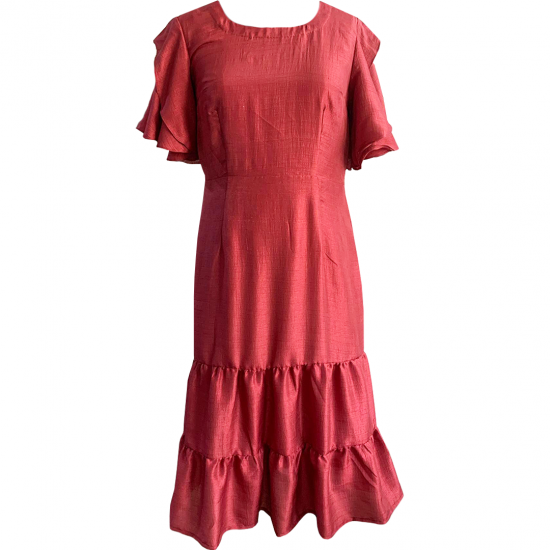 Rust Maroon Matka Silk Fabric Summer Midi Dress For Women