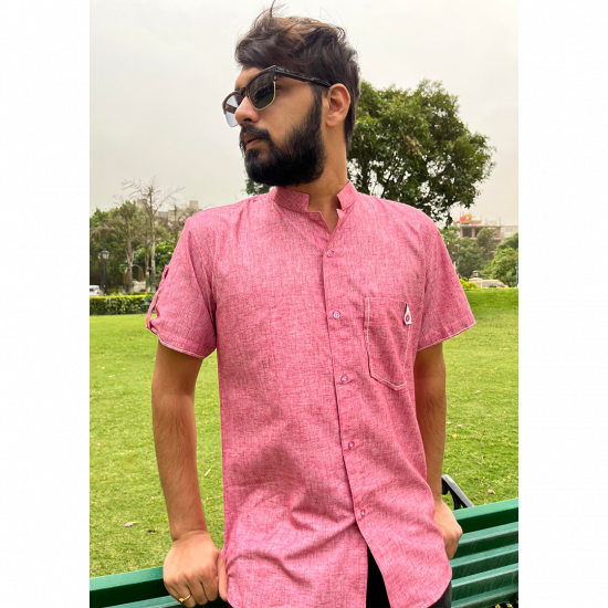 Pink Half Sleeve Linen Shirt For Men 