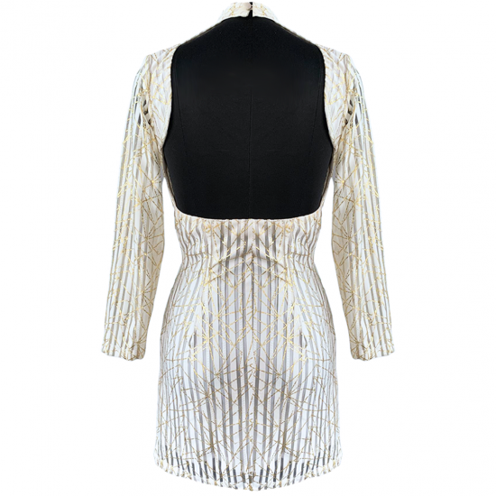 Classy White & Golden Stripes Printed Short Dress For Women 