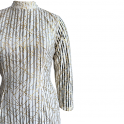 Classy White & Golden Stripes Printed Short Dress For Women 