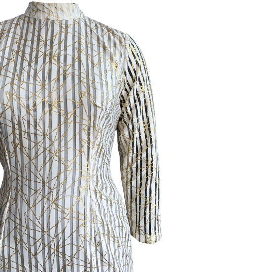 Classy White & Golden Stripes Printed Short Dress For Women 