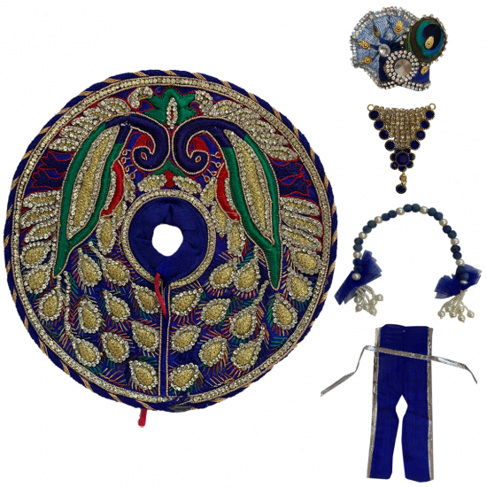 Multicolour Unique Peacock Design Laddu Gopal Dress With Mukut & Necklace Set, SIZE - 3/4