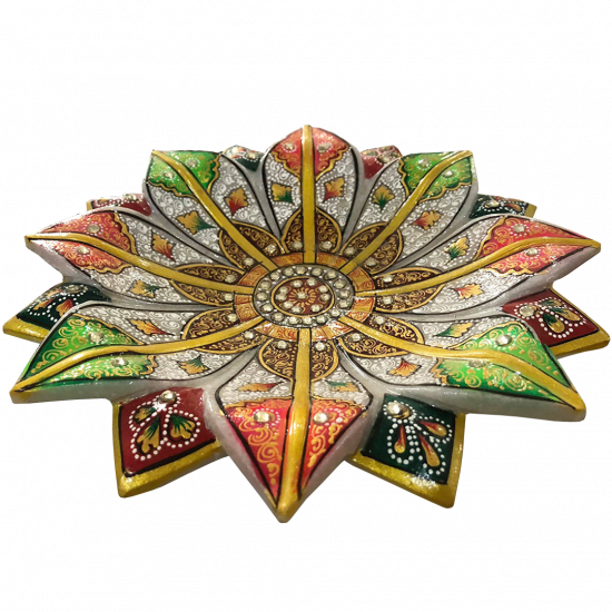 Multicoloured Handcrafted Marble Flower Bowl For Home Decor, 9 Inch Diameter