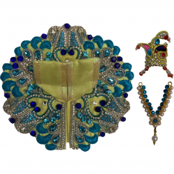 Laddu Gopal, Handmade Yellow & Blue Colour Cotton Heavy Dress with Mukut and Necklace Set, SIZE-1