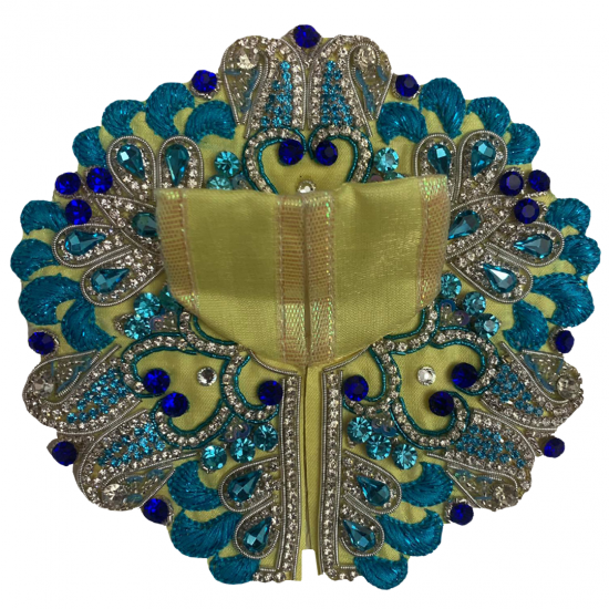 Laddu Gopal, Handmade Yellow & Blue Colour Cotton Heavy Dress with Mukut and Necklace Set, SIZE-1