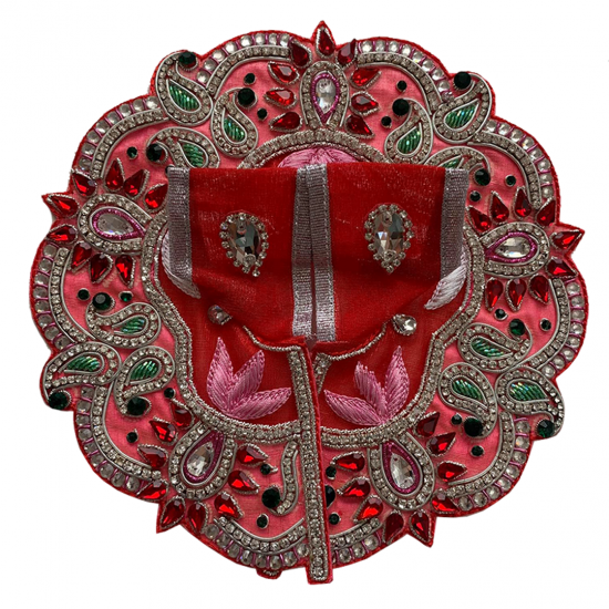 Fancy Pink, Red & Green Embellished Laddu Gopal Dress Along With Mukut & Necklace Set, SIZE - 3/4