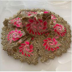 Gorgeous Traditional Golden Embroidered Net Dress Along With Dark & Light Pink Work For Laddu Gopal, Size - 5