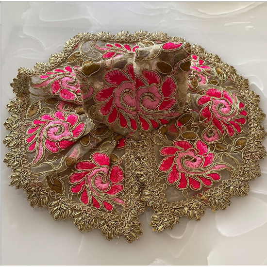 Gorgeous Traditional Golden Embroidered Net Dress Along With Dark & Light Pink Work For Laddu Gopal, Size - 5