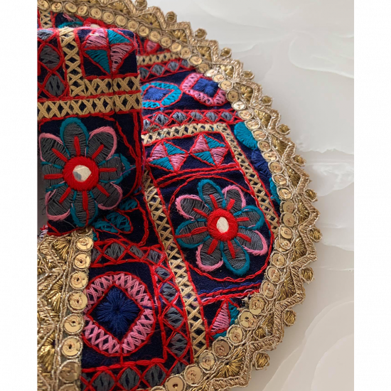 Multicolored Hand Embroidered Dress With Golden Lace For Laddu Gopal, Size - 4