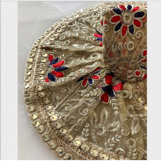Gorgeous Traditional Golden Embroidered Net Dress Along With Red & Blue Work For Laddu Gopal, Size - 5