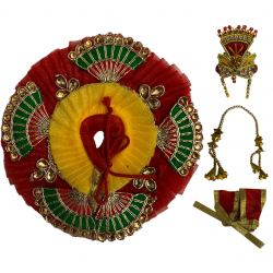 Red Net Laddu Gopal Dress with Colorful Design Mukut & Mala SIZE-1