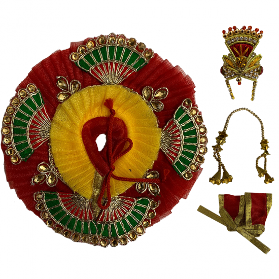 Red Net Laddu Gopal Dress with Colorful Design Mukut & Mala SIZE-1