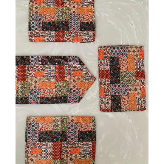 Combo Of Multi-Coloured Pashmina Cloth Dining Table Mats With Runner (Set of 8 Mats & 1 Runner) 