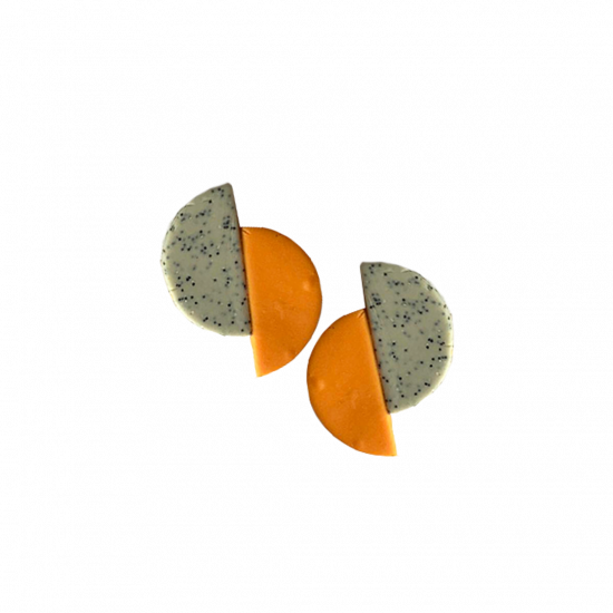 Handmade Shifted Circle Polymer Clay Earrings For Women/Girls; Orange & Dust Grey