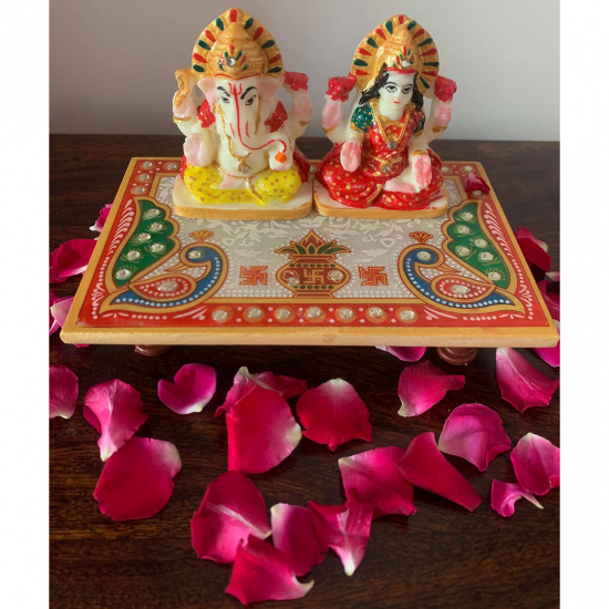 Combo of Laxmi Ganesh Ji With Marble Chowki, Holy Idol For Home, Meenakari Work