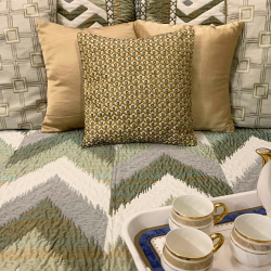 Classy Contrasting Golden Cushion Covers With Turquoise Color Work, Set of 3, Size - 12*12 inches